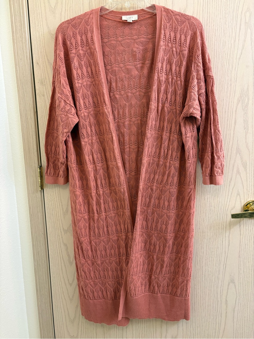 LOFT Open-Knit Dusty Rose Sweater Cardigan with 3/4 Sleeves